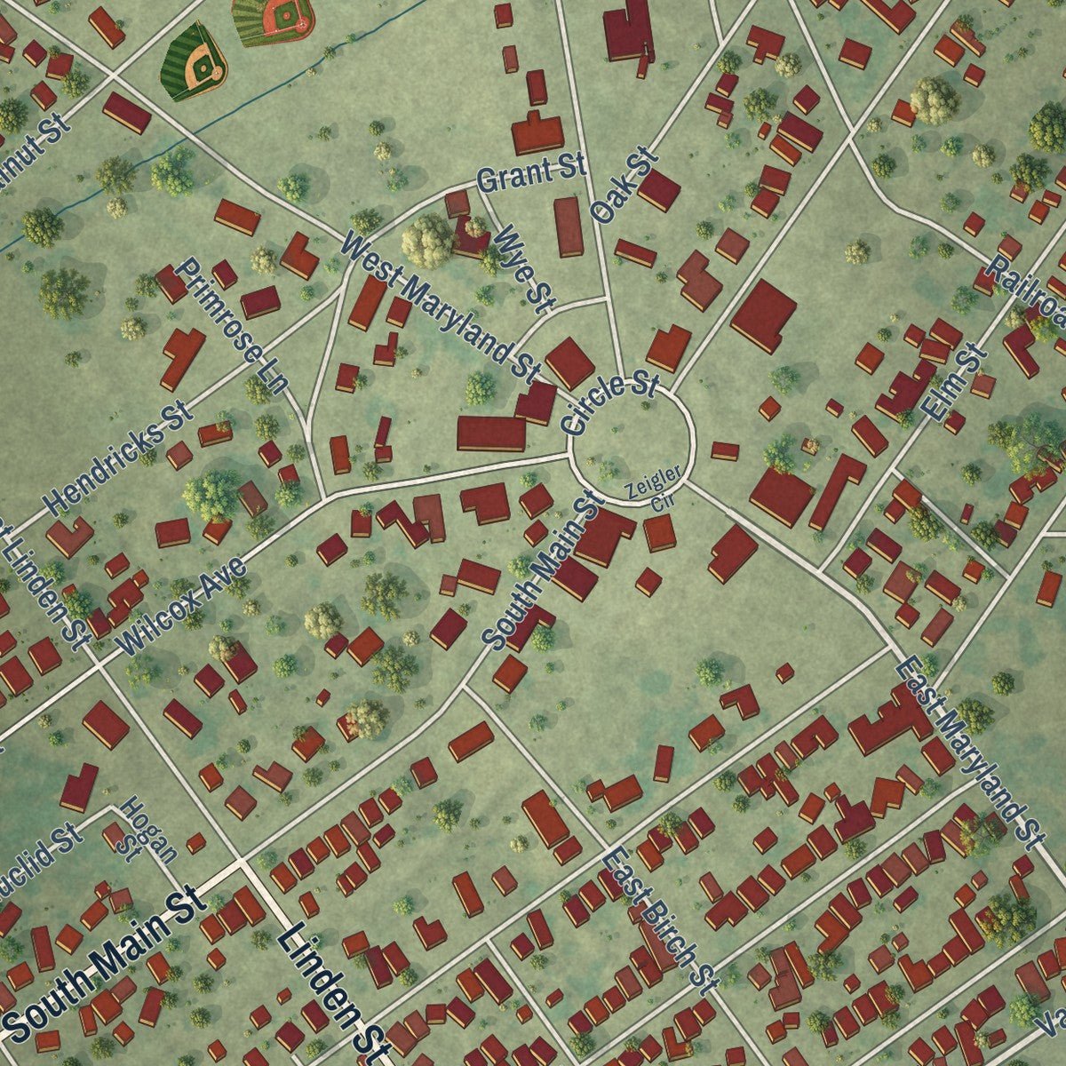 Close-up of the map of Zeigler, Illinois print showing street and building detail
