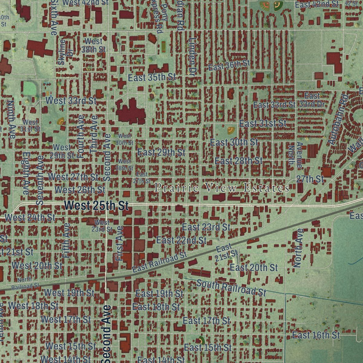 Close-up of the map of Kearney, Nebraska print showing street and building detail