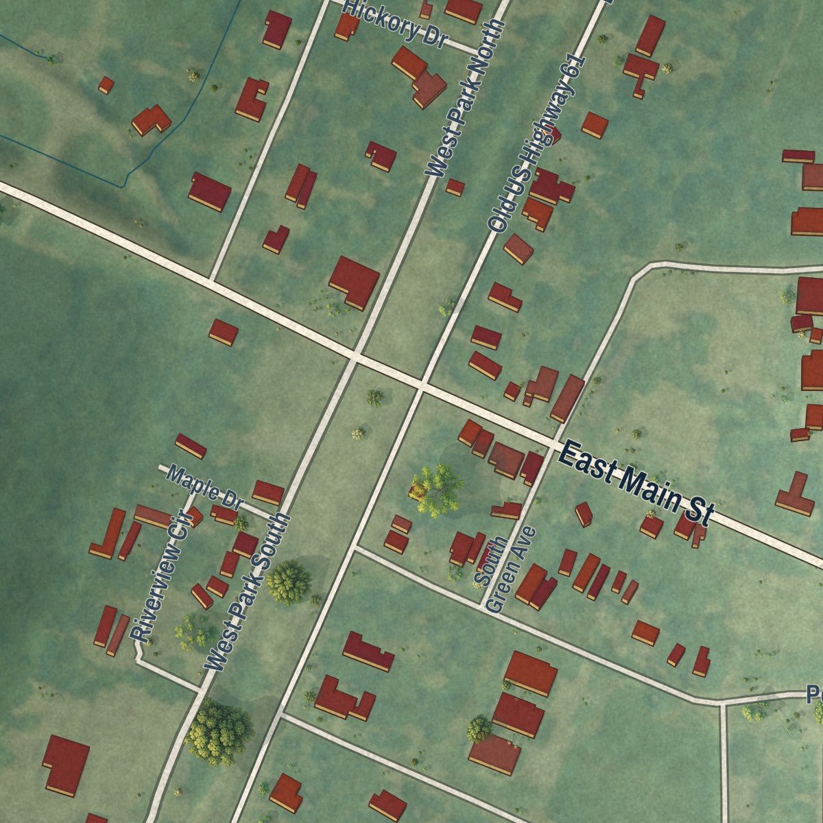 Close-up of the map of Duncan, Mississippi print showing street and building detail