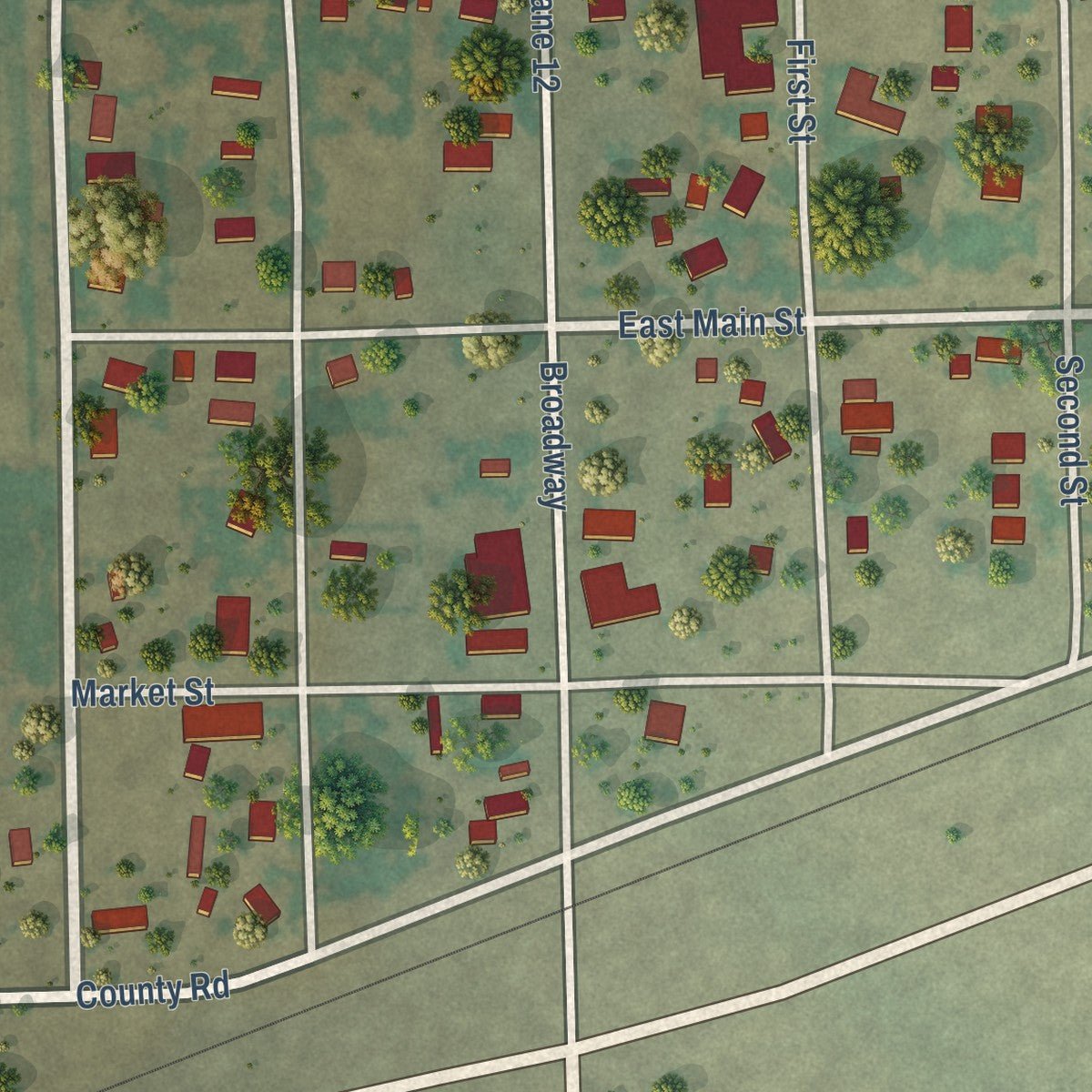 Close-up of the map of Crowley, Colorado print showing street and building detail