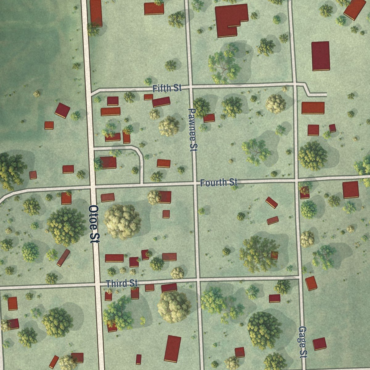 Close-up of the map of Burchard, Nebraska print showing street and building detail