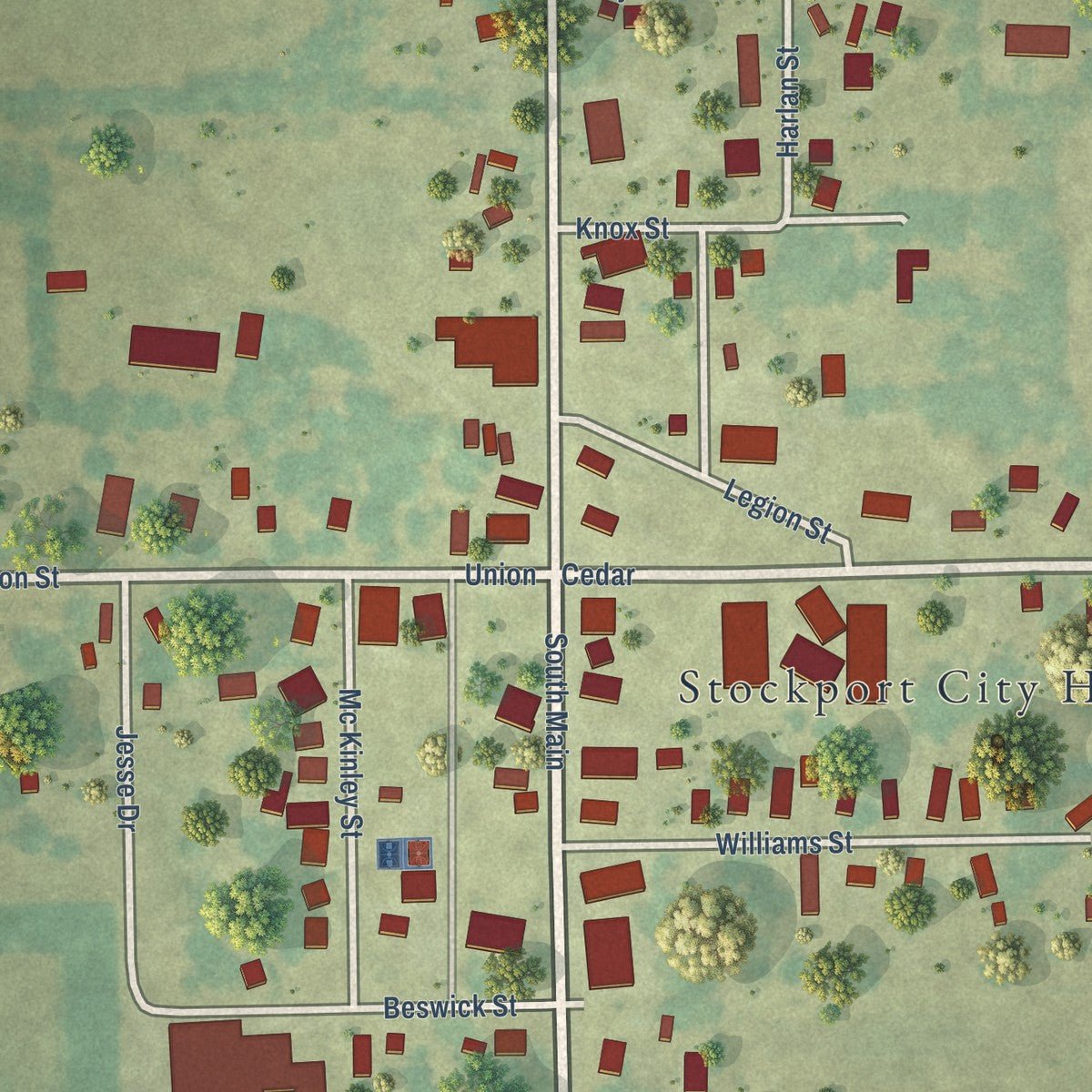 Close-up of the map of Stockport, Iowa print showing street and building detail