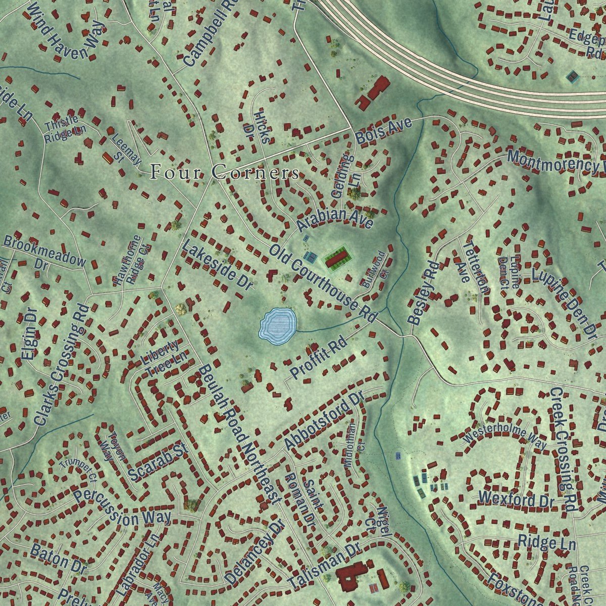 Close-up of the map of Wolf Trap, Virginia print showing street and building detail