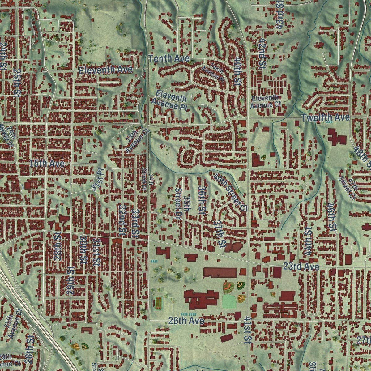 Close-up of the map of Moline, Illinois print showing street and building detail