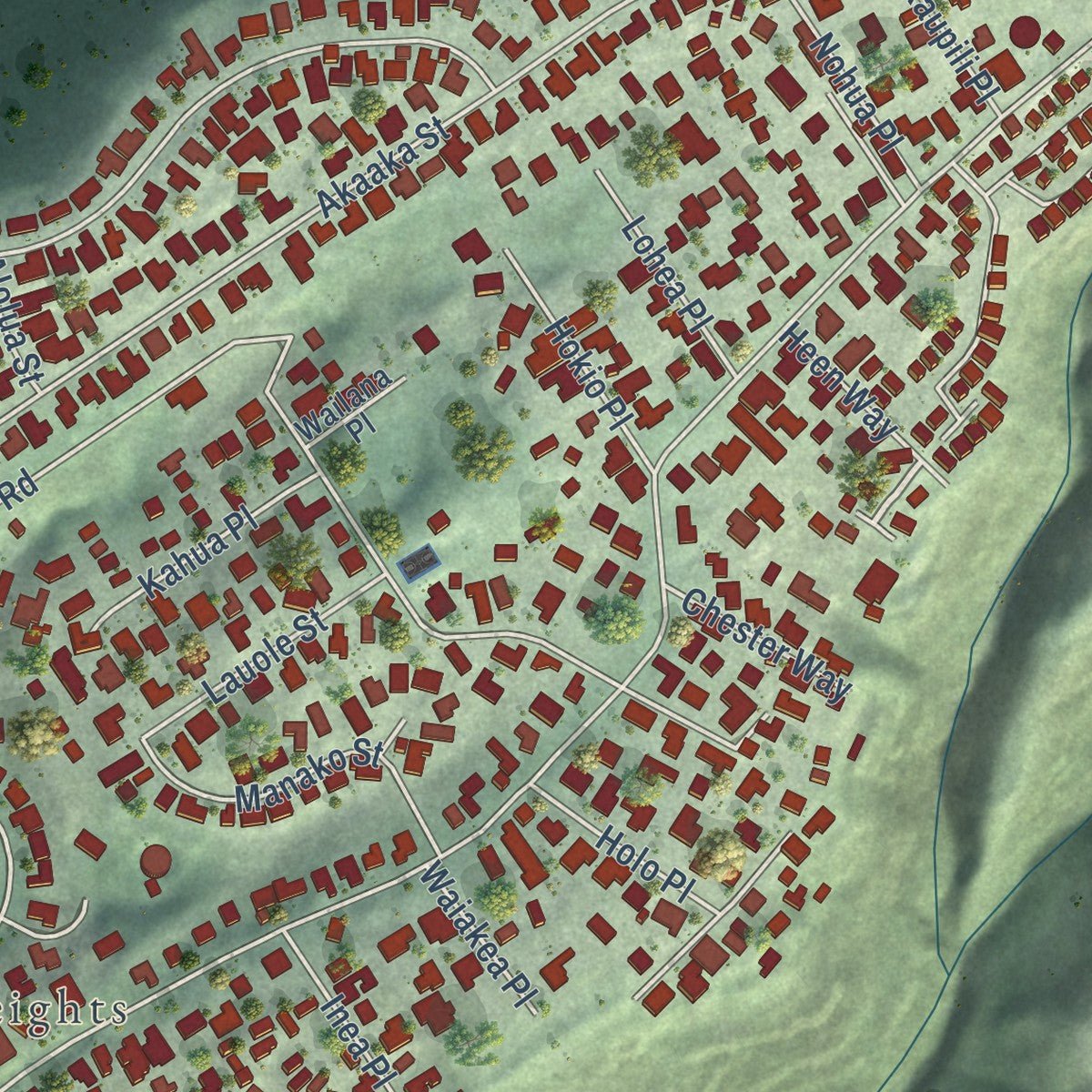 Close-up of the map of Aiea, Hawaii print showing street and building detail
