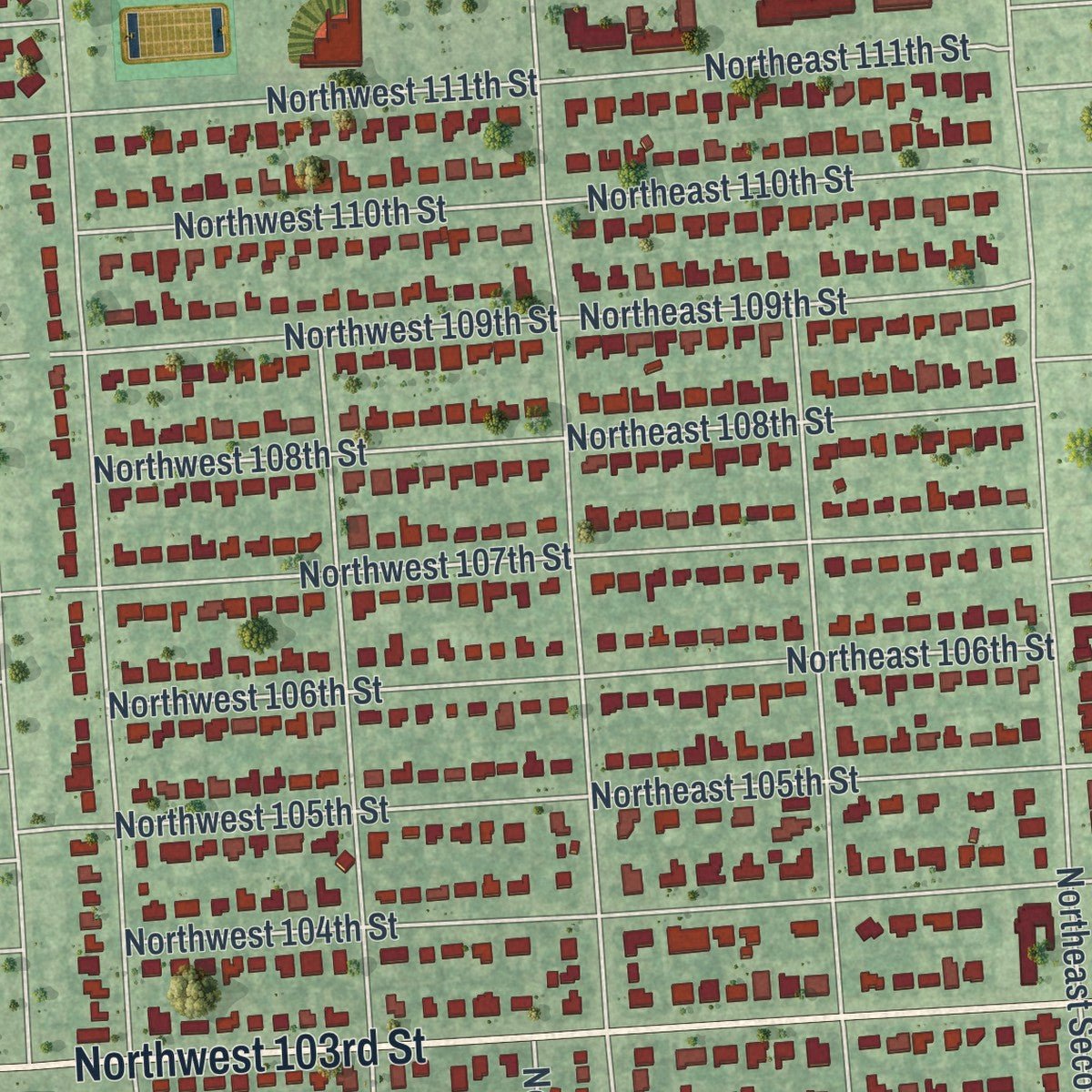 Close-up of the map of Miami Shores, Florida print showing street and building detail
