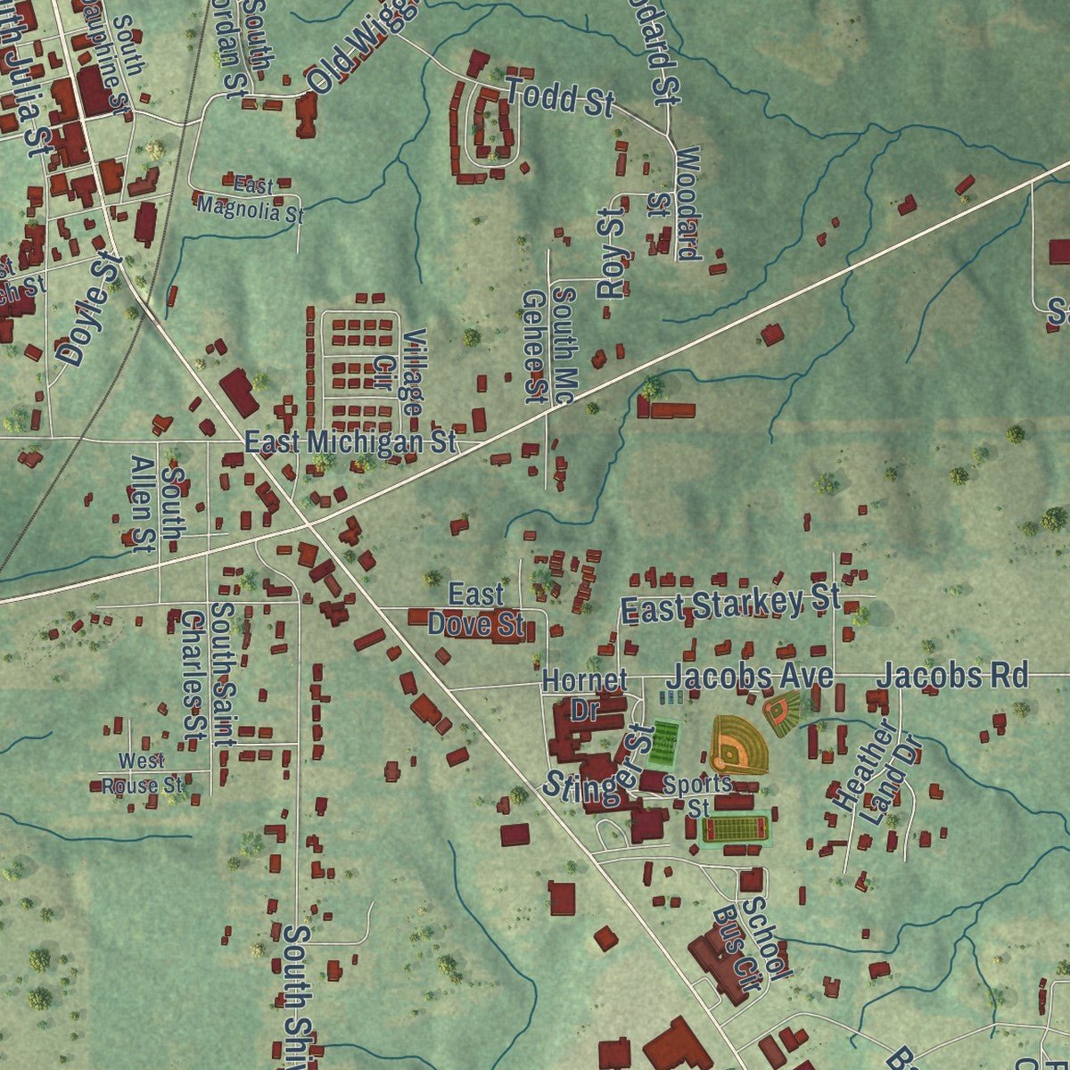 Close-up of the map of Poplarville, Mississippi print showing street and building detail