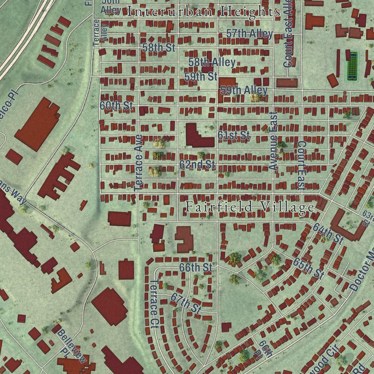 Close-up of the map of Fairfield, Alabama print showing street and building detail