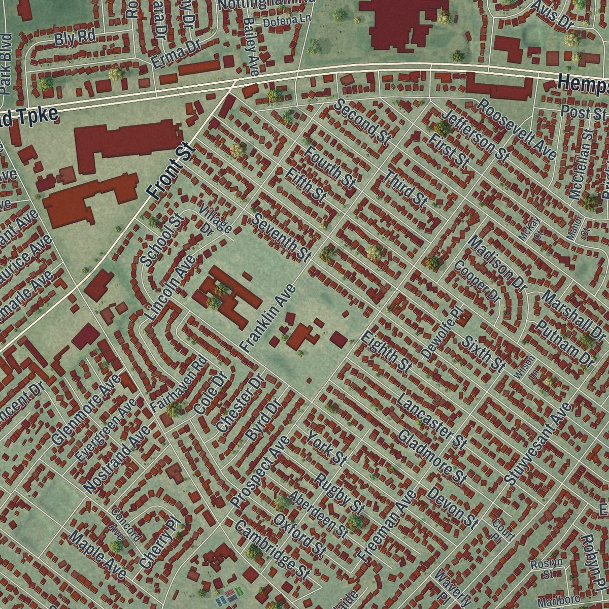 Close-up of the map of East Meadow, New York print showing street and building detail