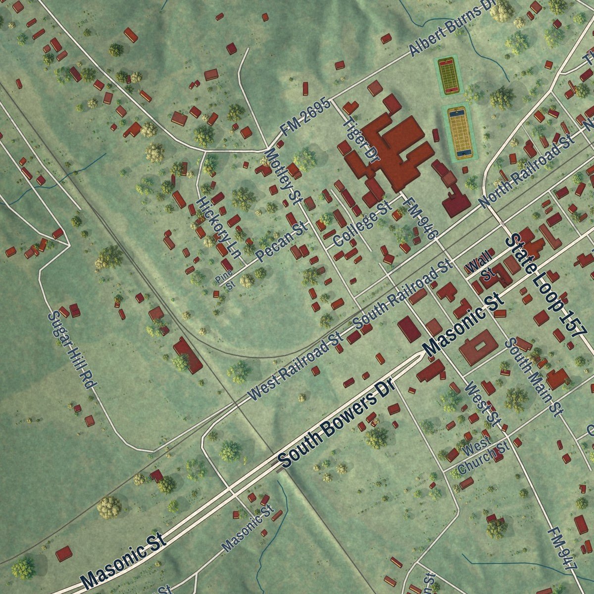 Close-up of the map of Tenaha, Texas print showing street and building detail