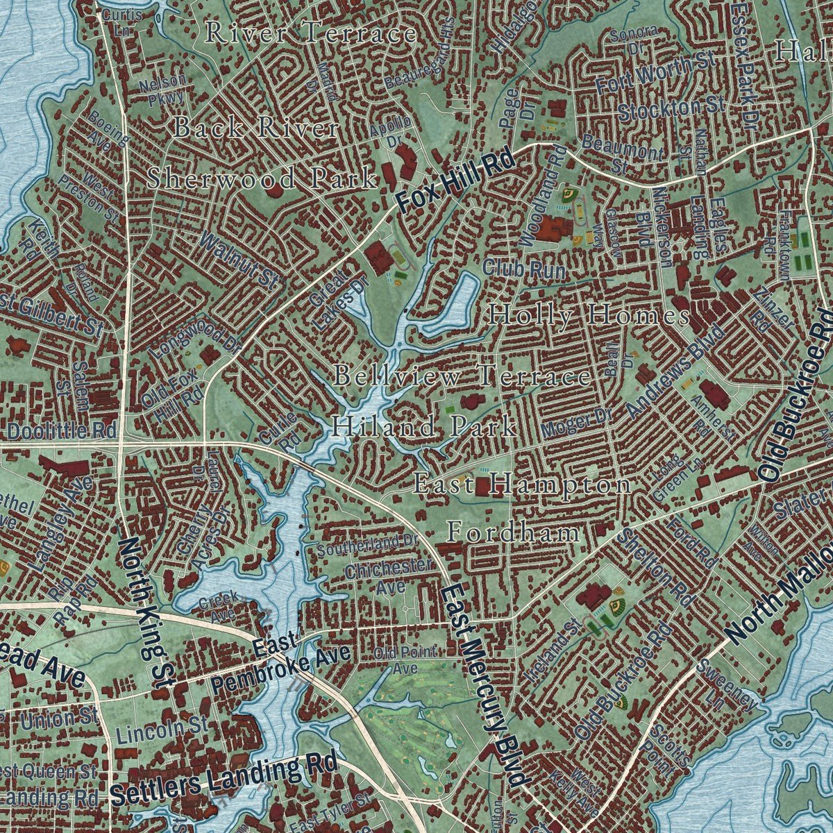 Close-up of the map of Hampton, Virginia print showing street and building detail