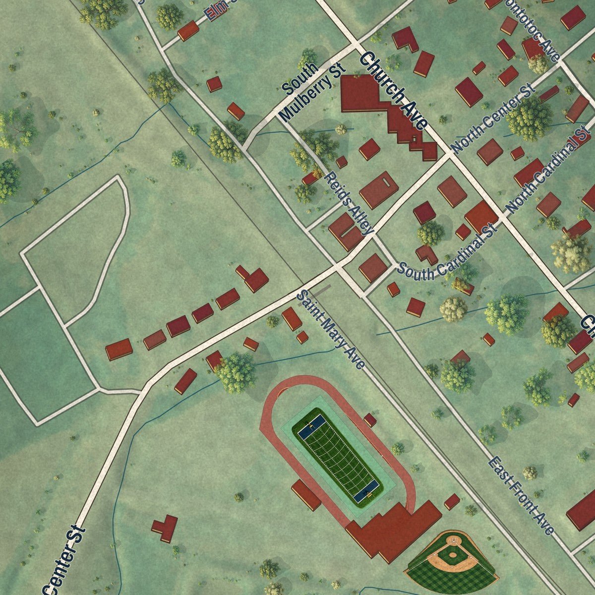 Close-up of the map of Potts Camp, Mississippi print showing street and building detail