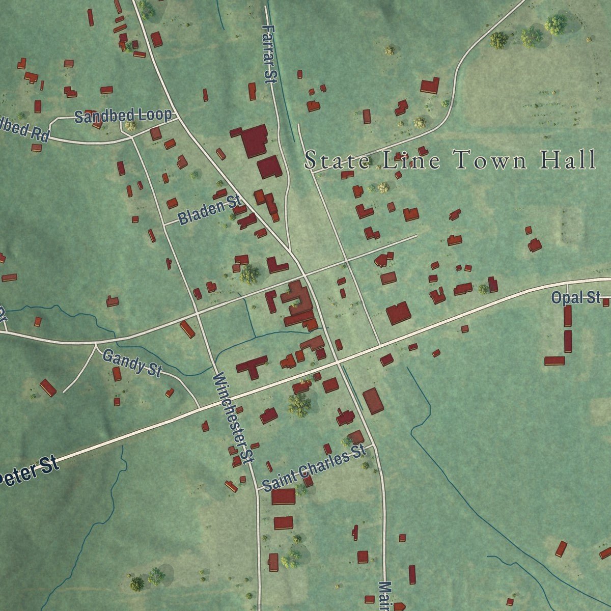 Close-up of the map of State Line, Mississippi print showing street and building detail