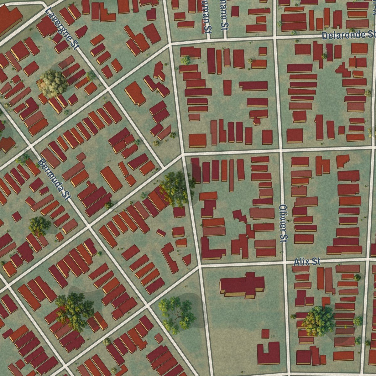 Close-up of the map of Algiers Point, Louisiana print showing street and building detail