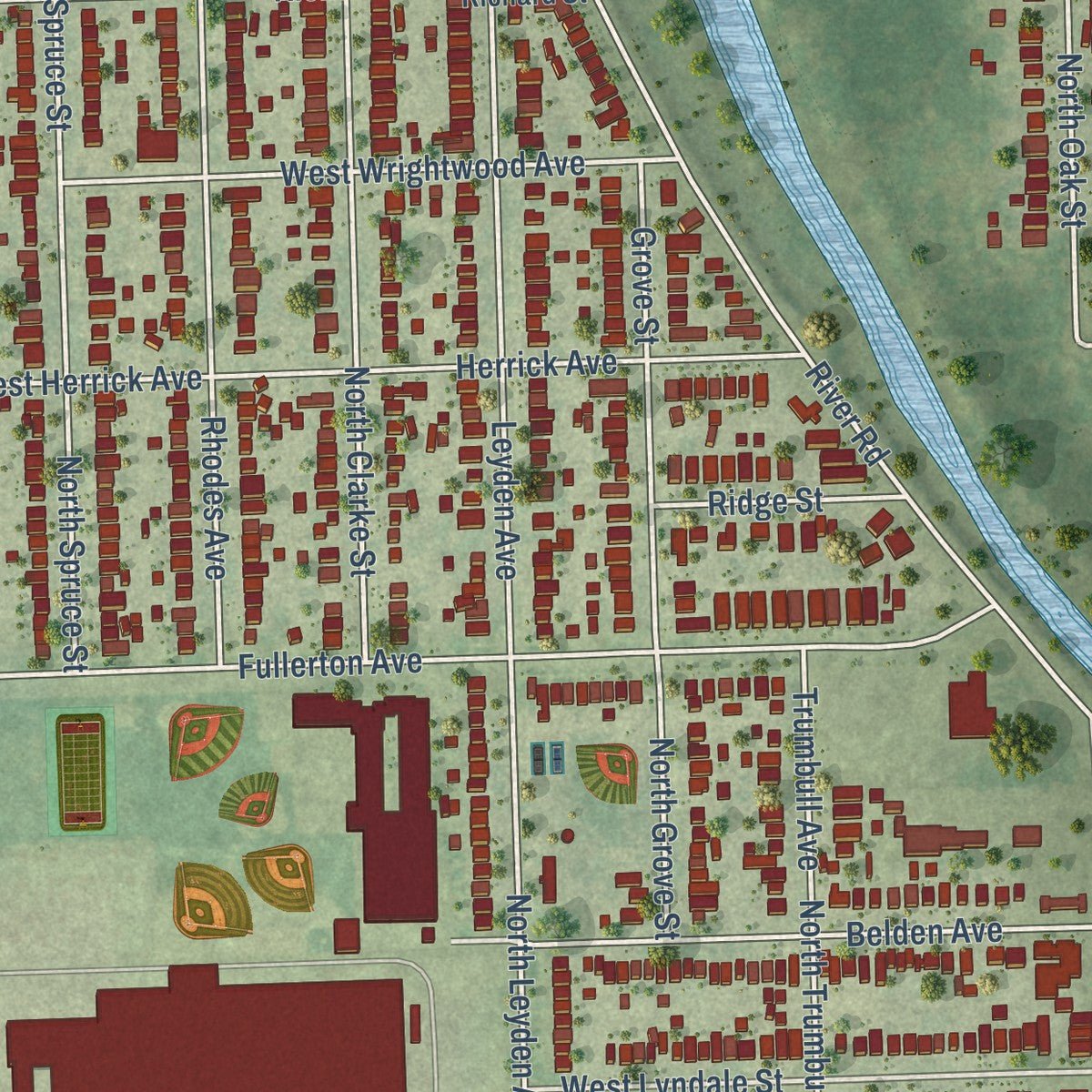 Close-up of the map of River Grove, Illinois print showing street and building detail