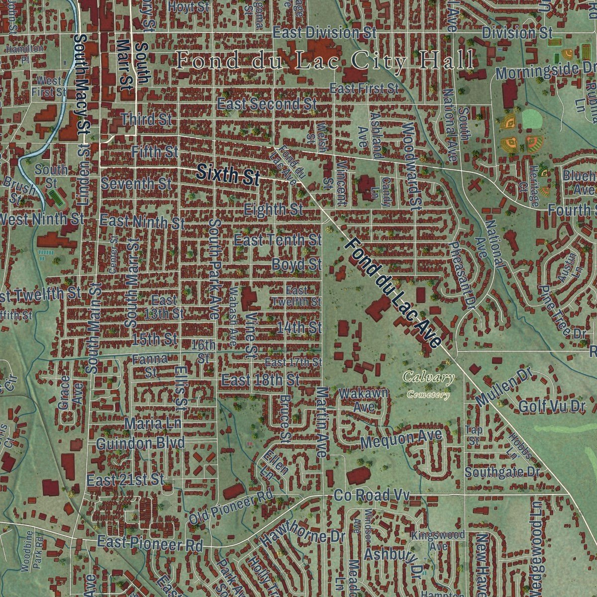 Close-up of the map of Fond du Lac, Wisconsin print showing street and building detail