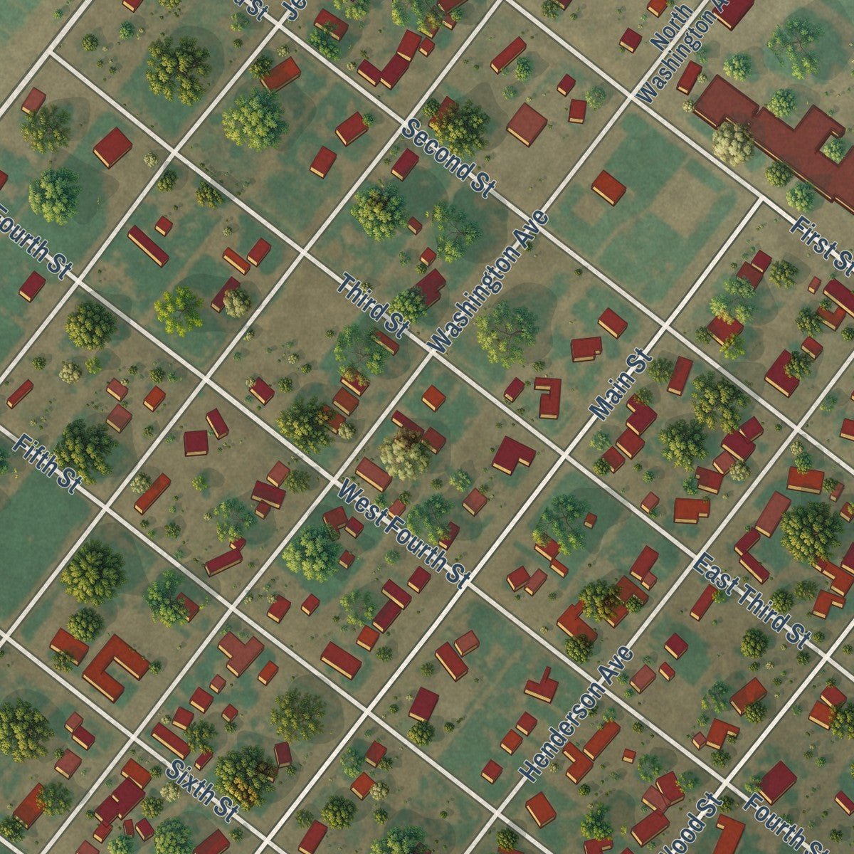 Close-up of the map of Amherst, Texas print showing street and building detail