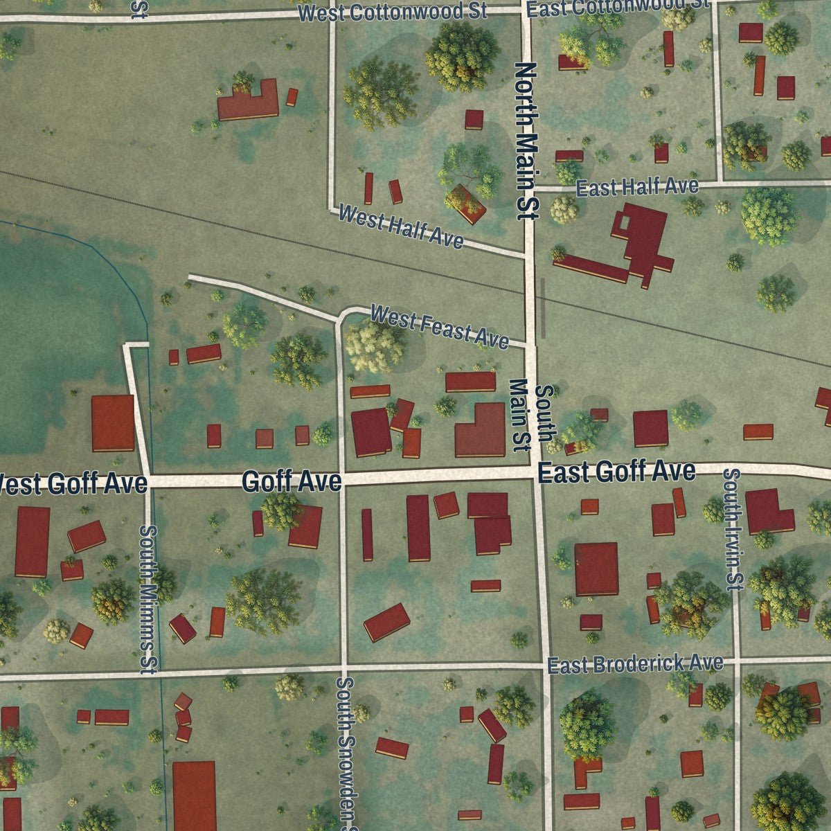 Close-up of the map of Granada, Colorado print showing street and building detail