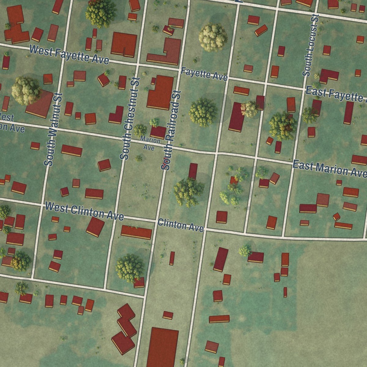 Close-up of the map of Patoka, Illinois print showing street and building detail
