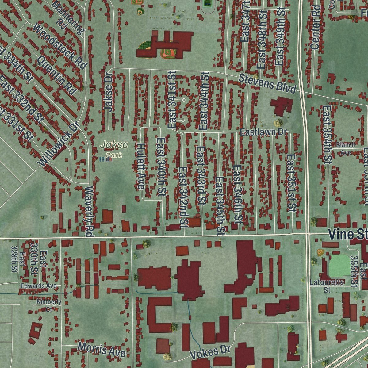 Close-up of the map of Eastlake, Ohio print showing street and building detail