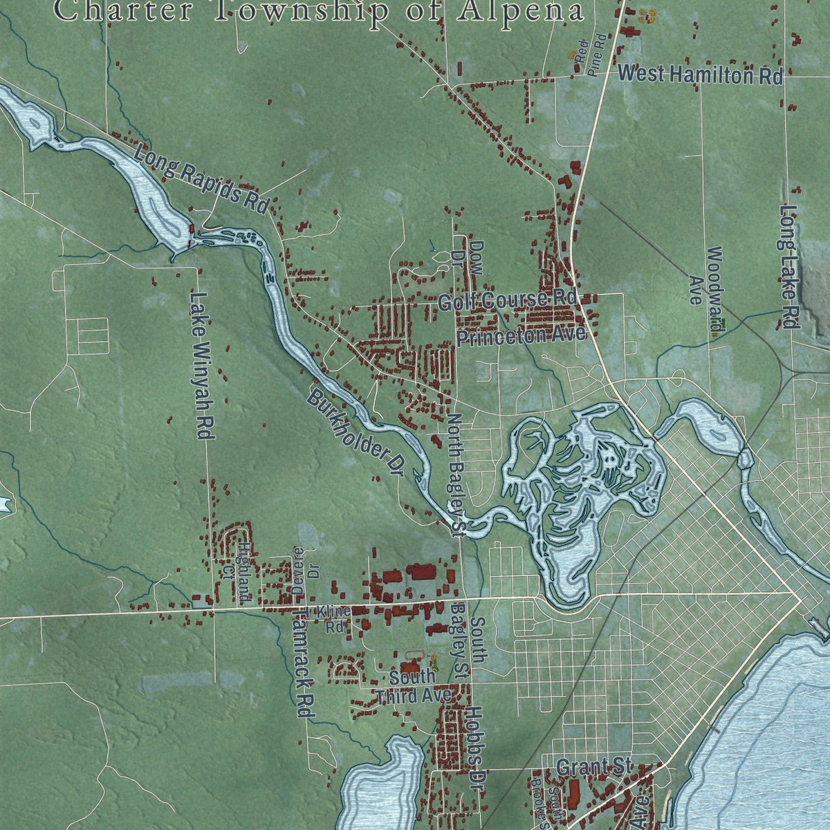 Close-up of the map of Alpena, Alpena County, Michigan print showing street and building detail