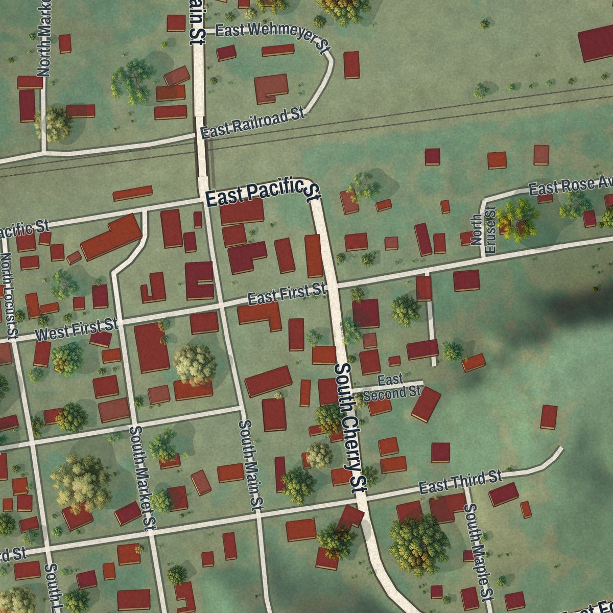 Close-up of the map of Chamois, Missouri print showing street and building detail