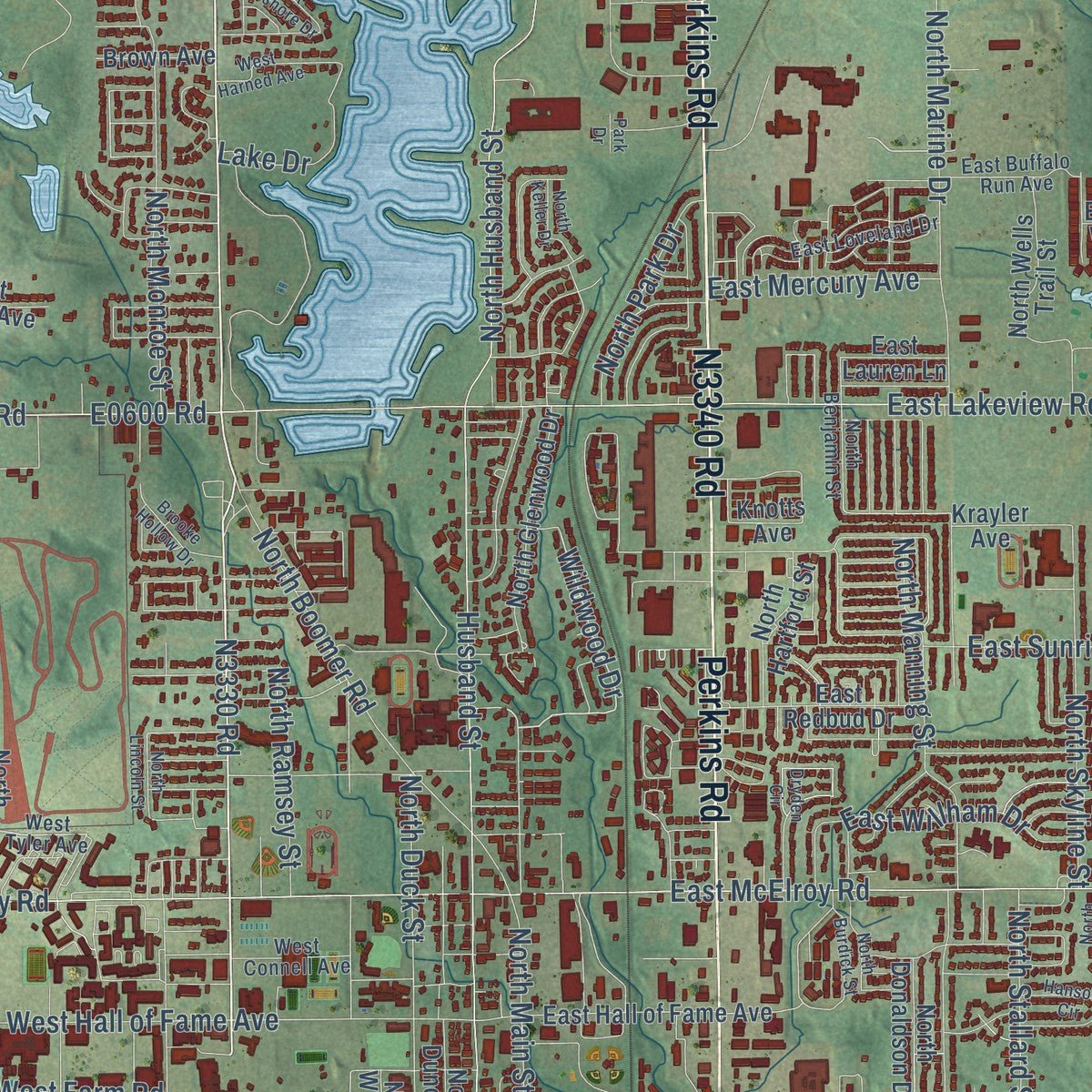 Close-up of the map of Stillwater, Oklahoma print showing street and building detail