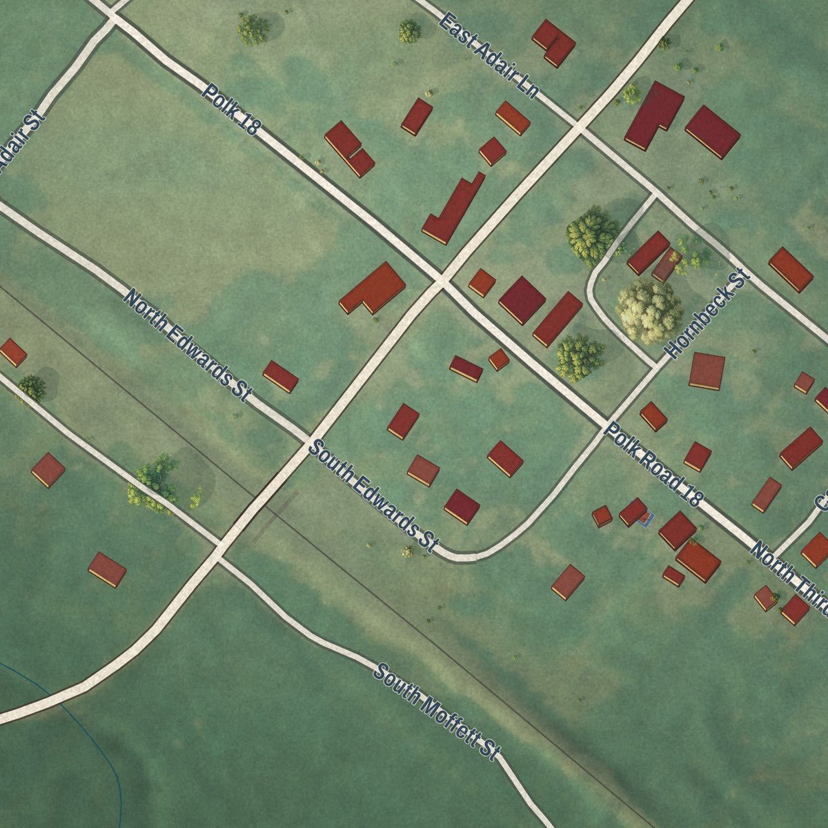 Close-up of the map of Vandervoort, Arkansas print showing street and building detail