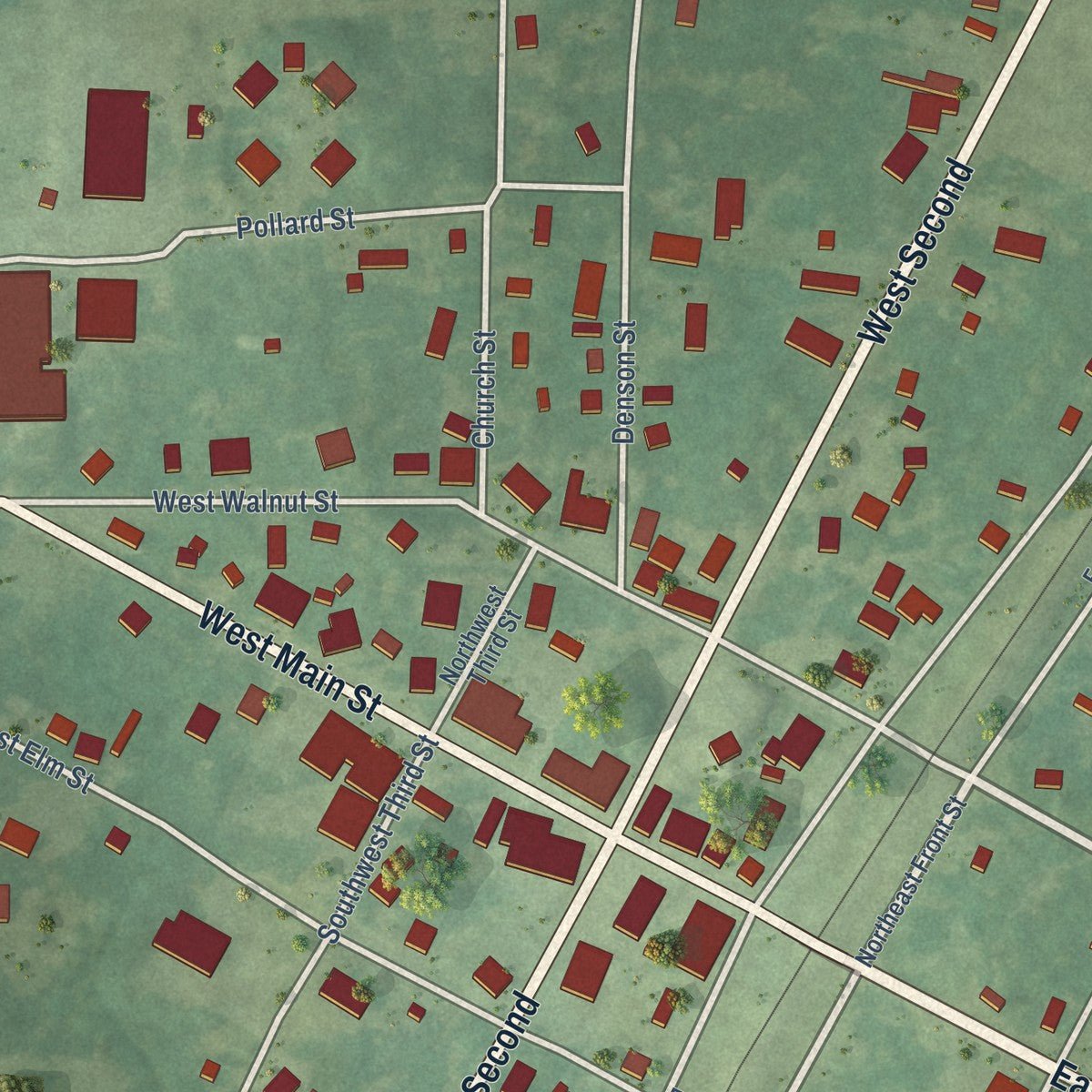 Close-up of the map of Bradford, Arkansas print showing street and building detail
