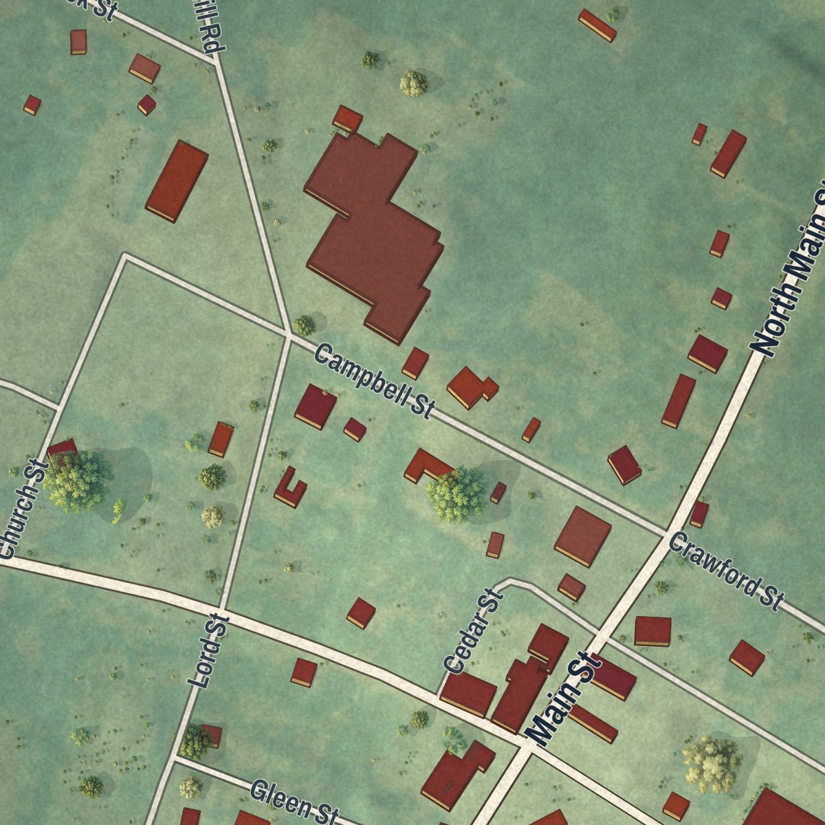 Close-up of the map of Ila, Georgia print showing street and building detail