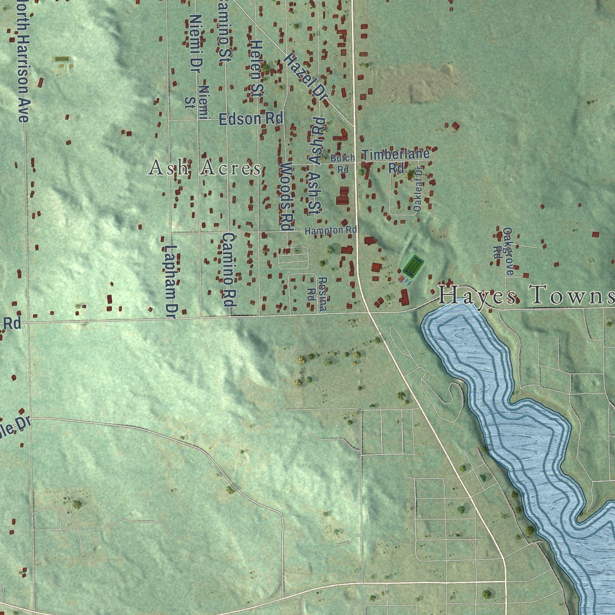 Close-up of the map of Hayes, Clare County, Michigan print showing street and building detail