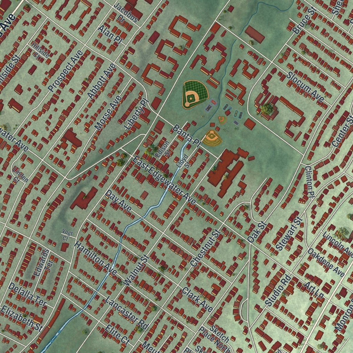 Close-up of the map of Ridgefield, New Jersey print showing street and building detail