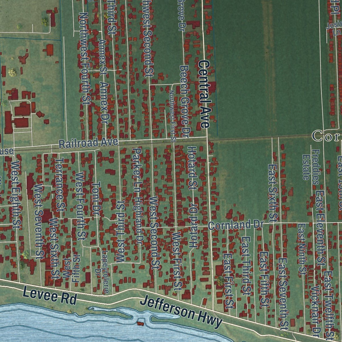 Close-up of the map of Reserve, Louisiana print showing street and building detail