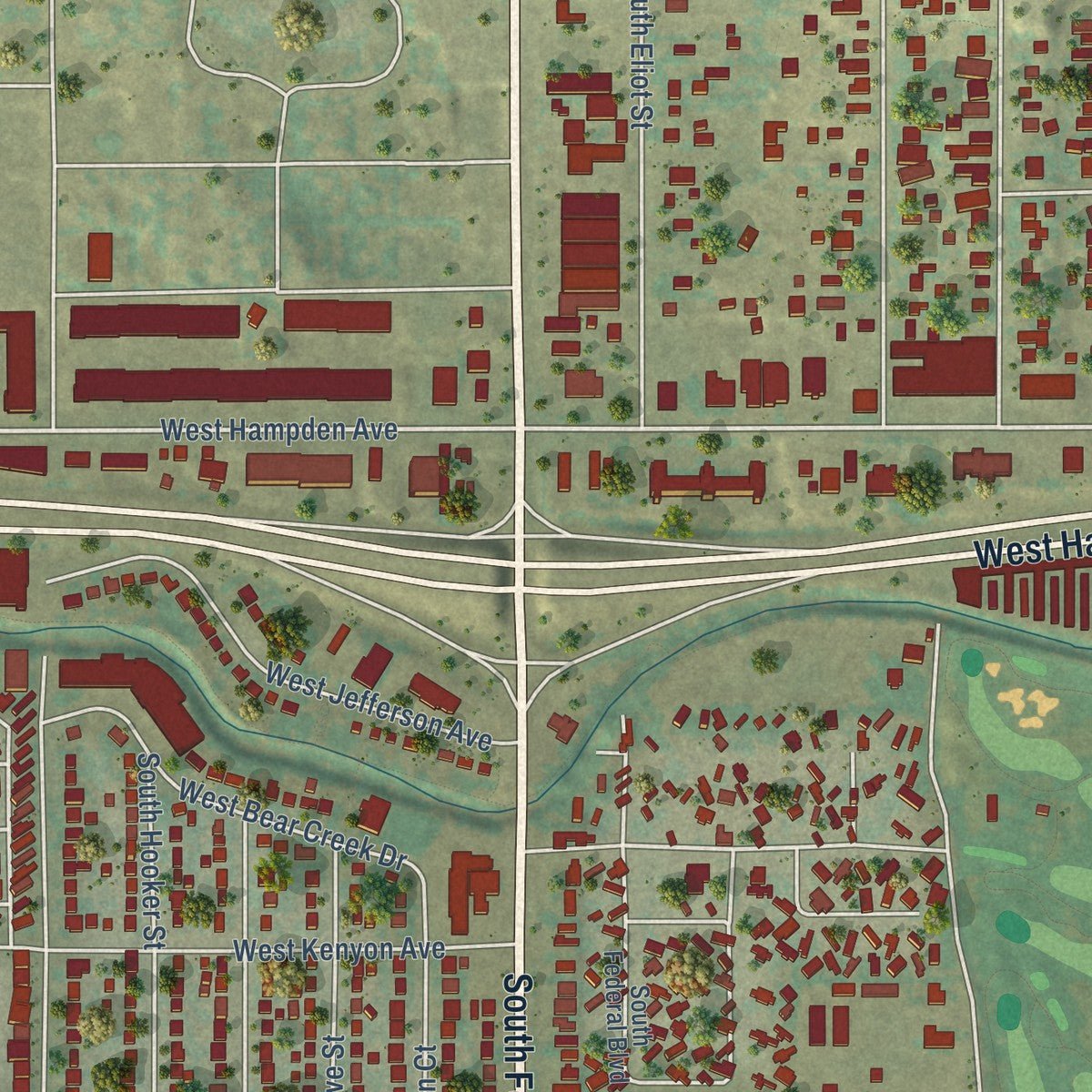 Close-up of the map of Sheridan, Colorado print showing street and building detail