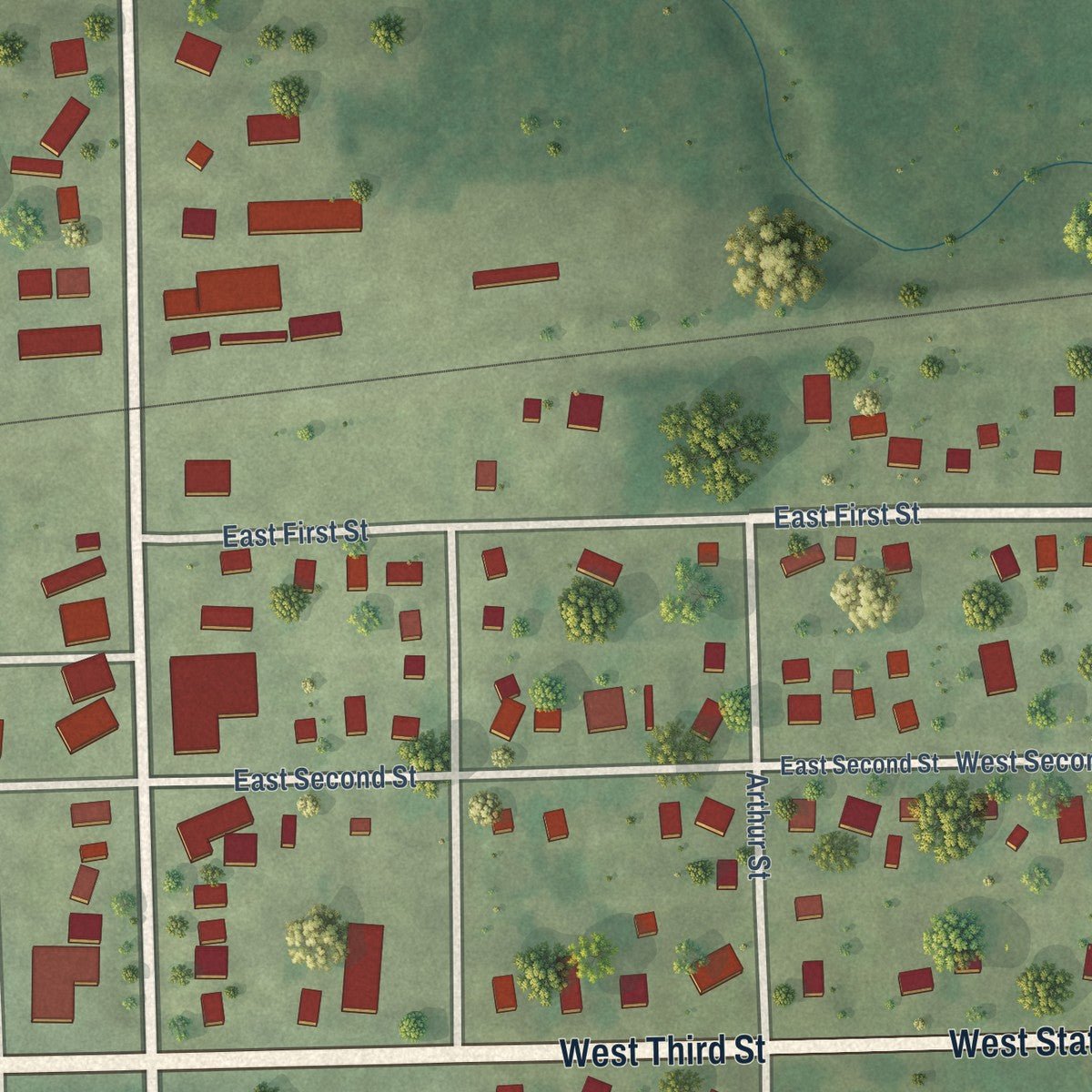 Close-up of the map of Leaf River, Illinois print showing street and building detail
