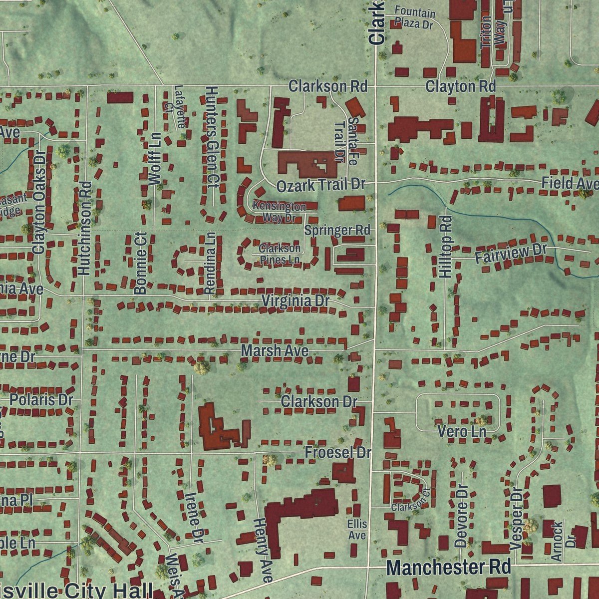 Close-up of the map of Ellisville, Missouri print showing street and building detail