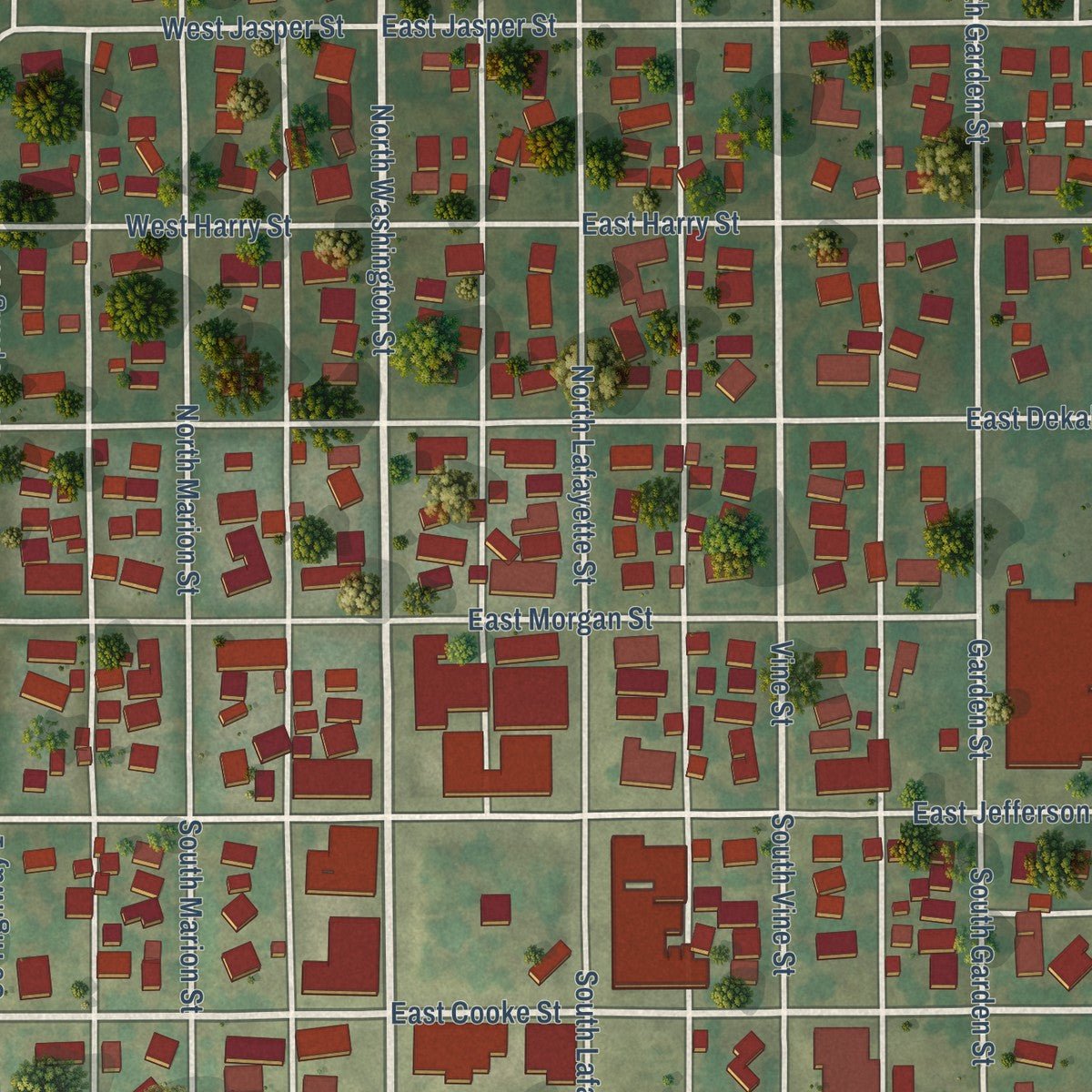 Close-up of the map of Mount Pulaski, Illinois print showing street and building detail