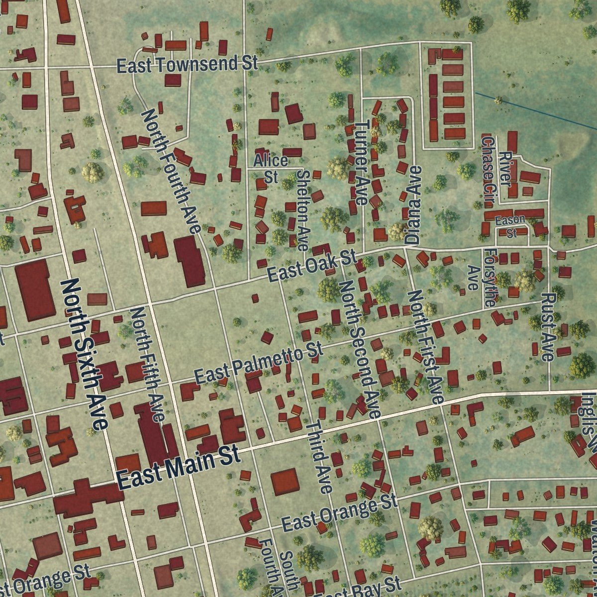 Close-up of the map of Wauchula, Florida print showing street and building detail