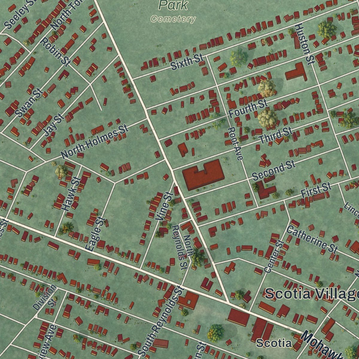 Close-up of the map of Scotia, New York print showing street and building detail