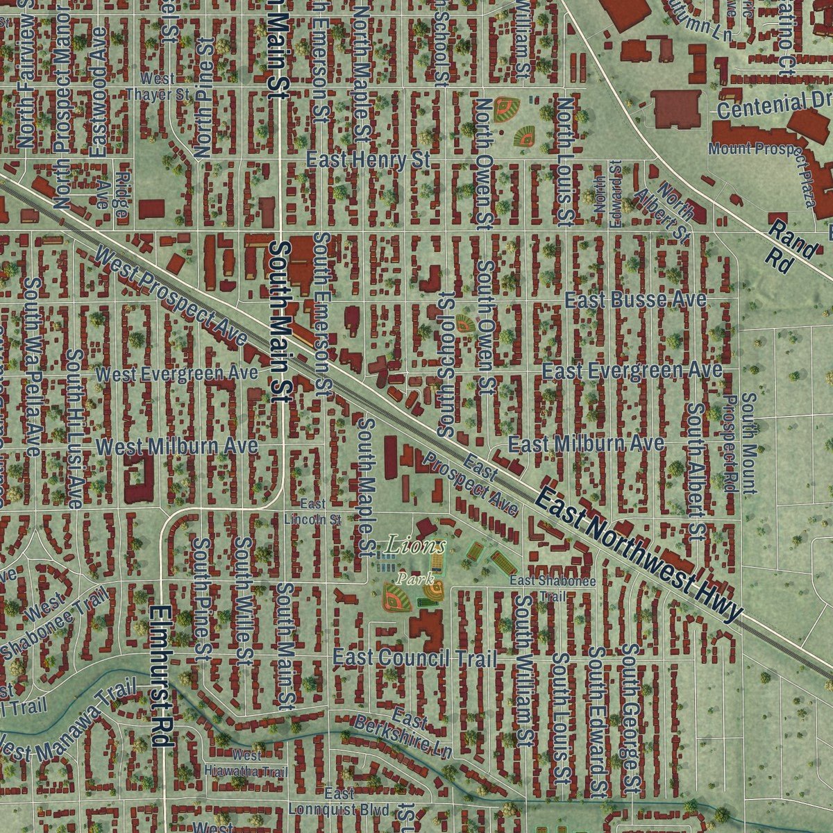 Close-up of the map of Mount Prospect, Illinois print showing street and building detail