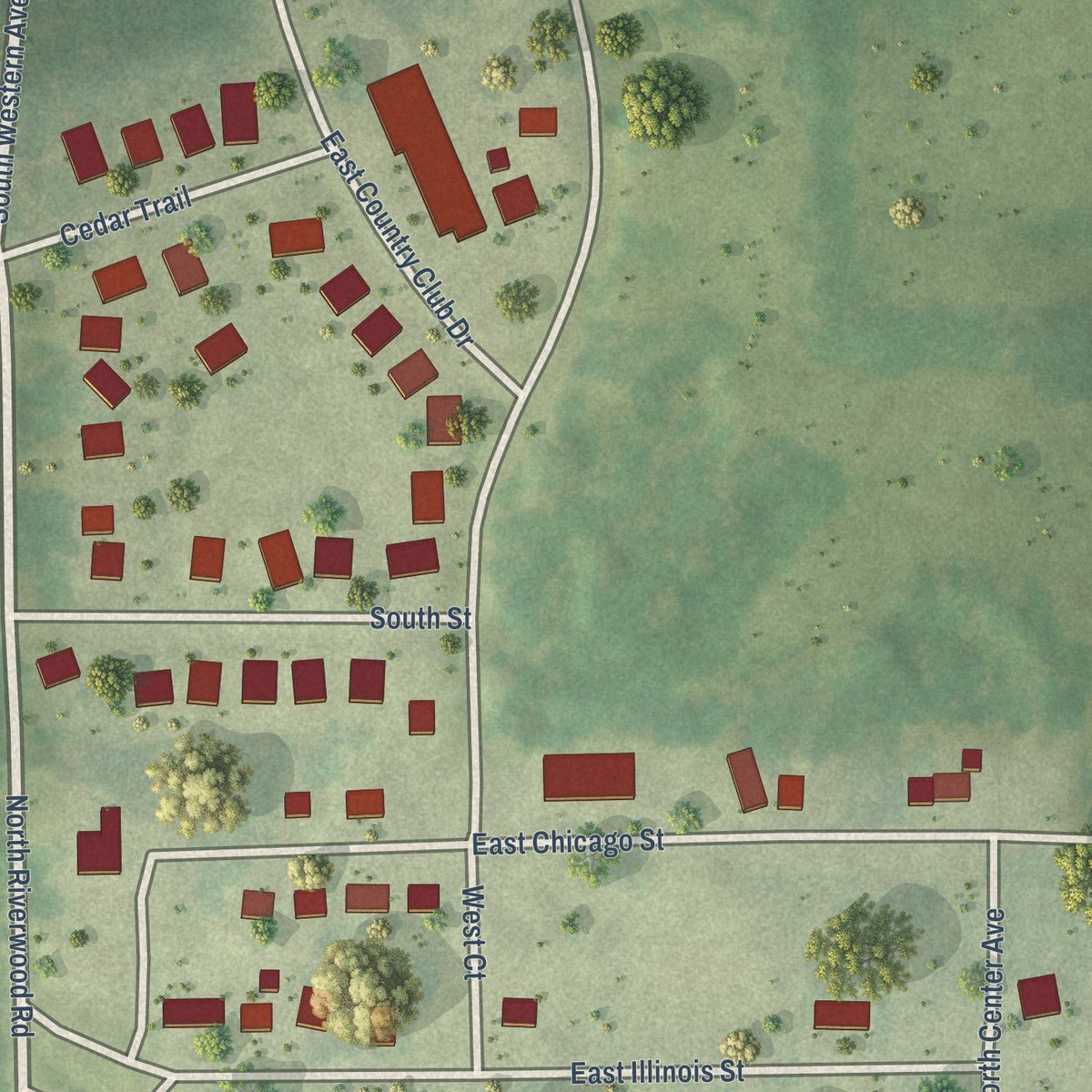 Close-up of the map of Sun River Terrace, Illinois print showing street and building detail