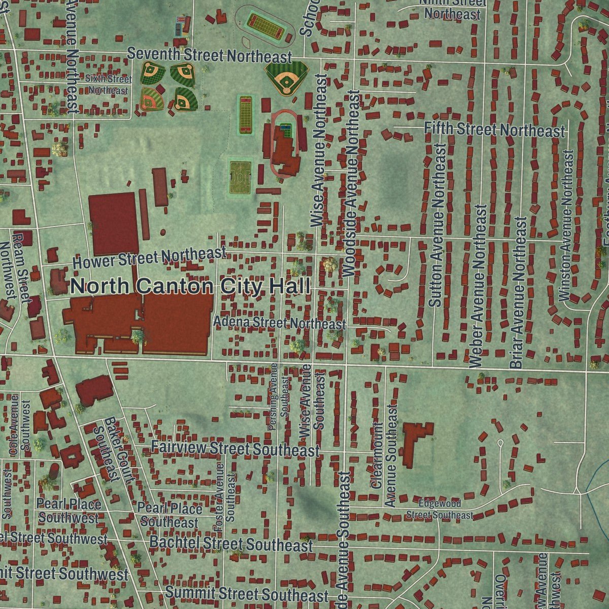Close-up of the map of North Canton, Ohio print showing street and building detail