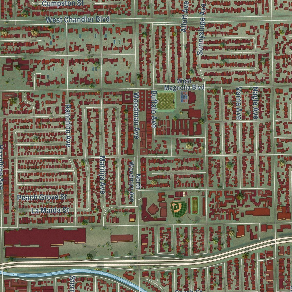 Close-up of the map of Sherman Oaks, California print showing street and building detail