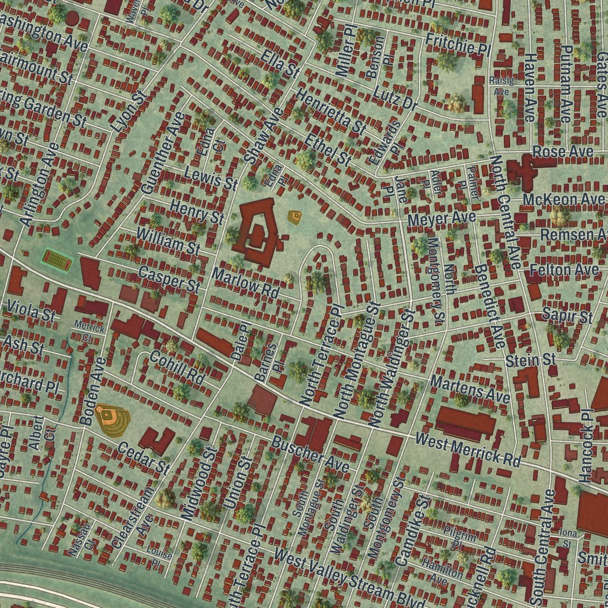 Close-up of the map of Valley Stream, New York print showing street and building detail