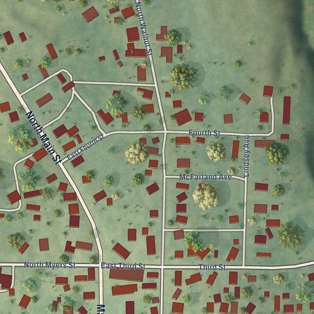 Close-up of the map of Versailles, Illinois print showing street and building detail