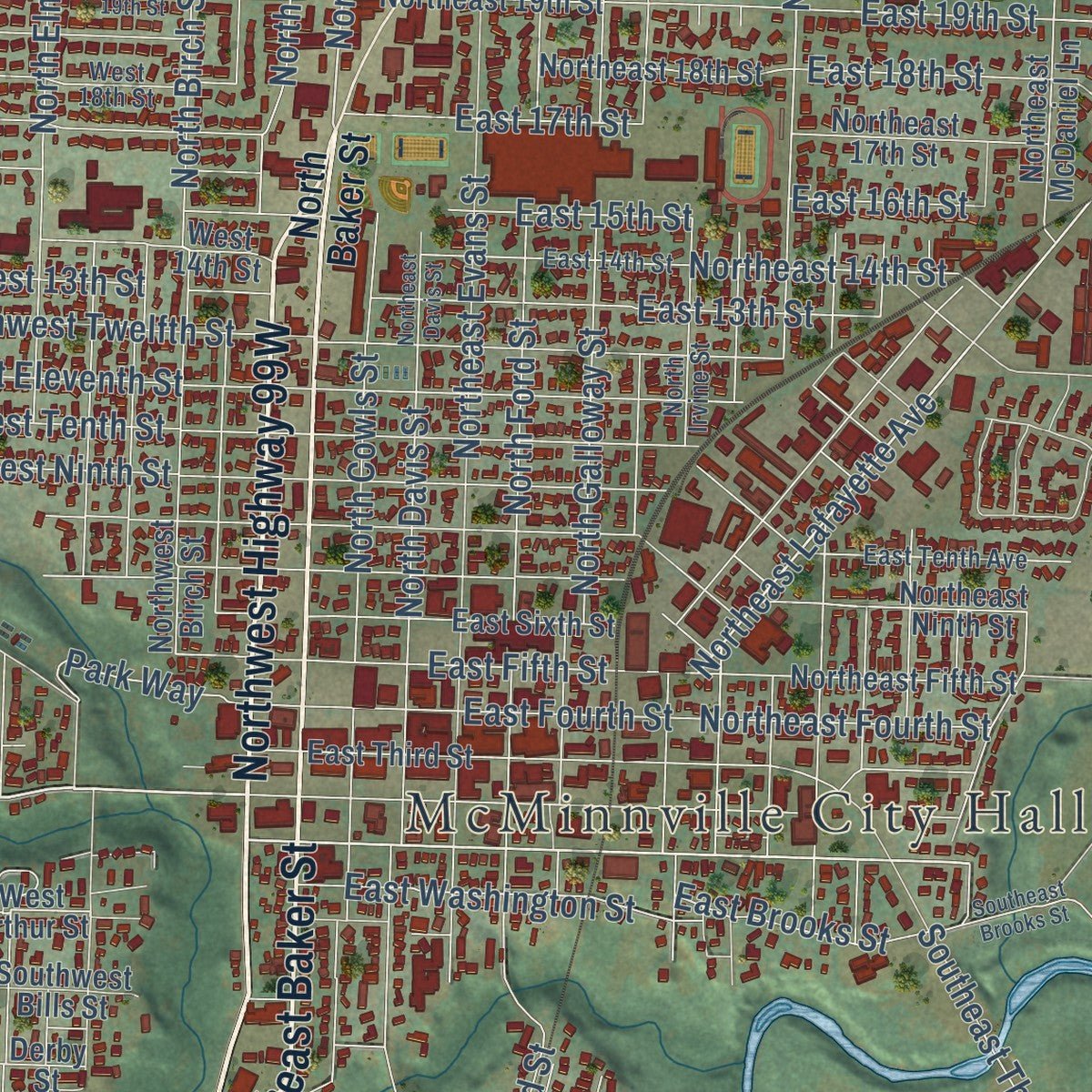 Close-up of the map of McMinnville, Oregon print showing street and building detail