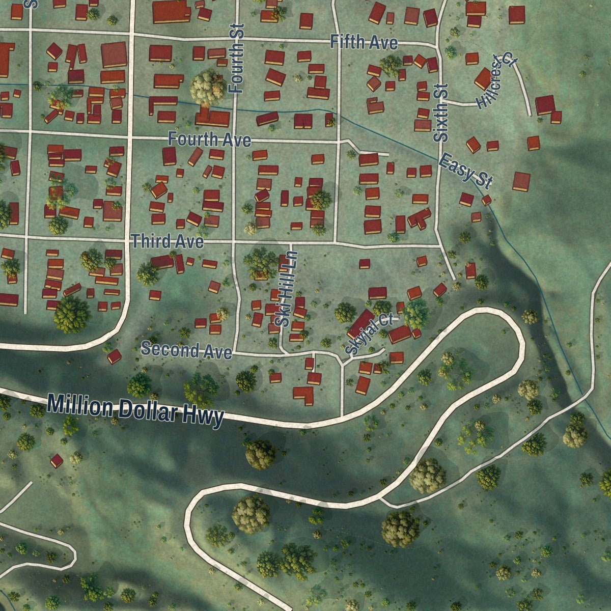 Close-up of the map of Ouray, Colorado print showing street and building detail