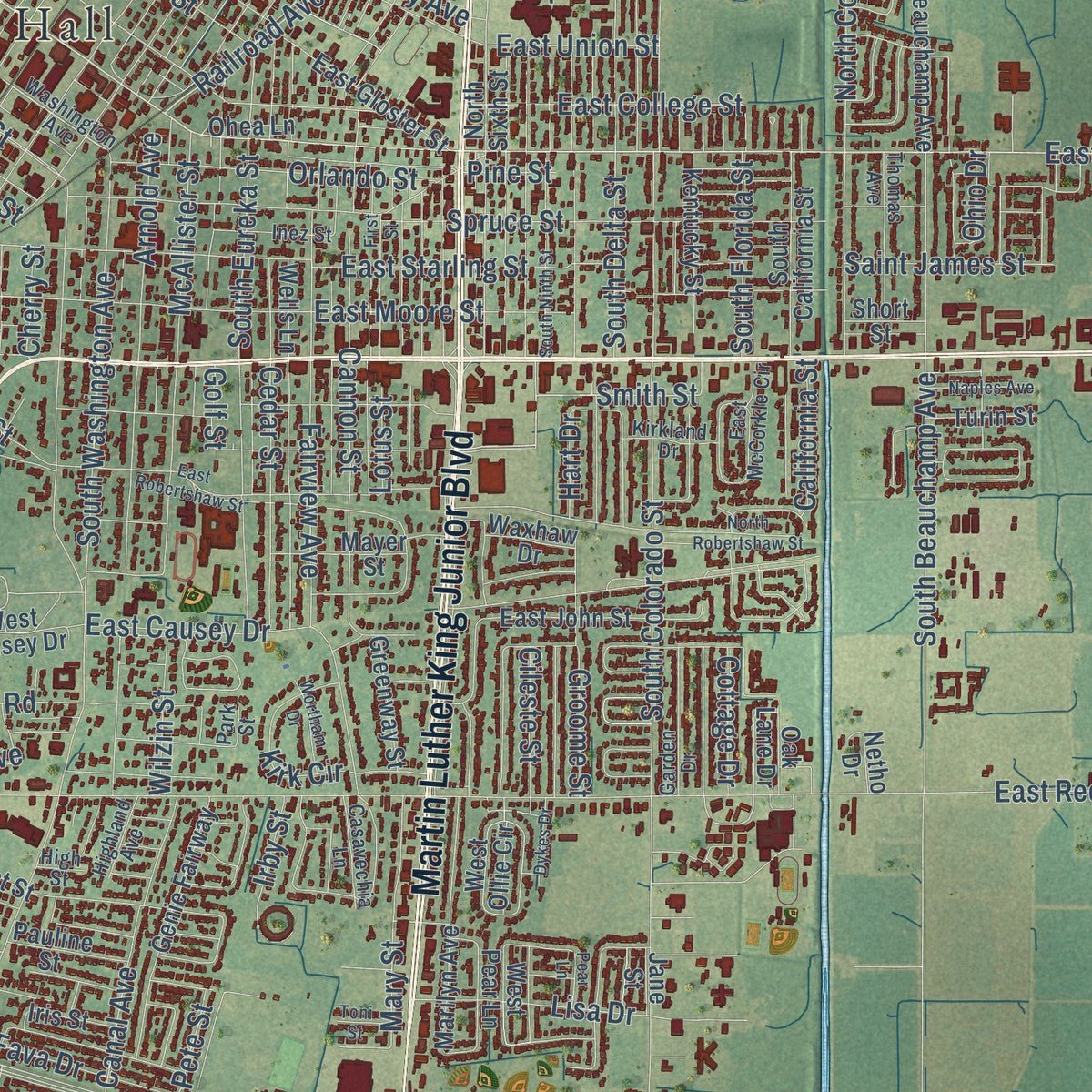 Close-up of the map of Greenville, Mississippi print showing street and building detail