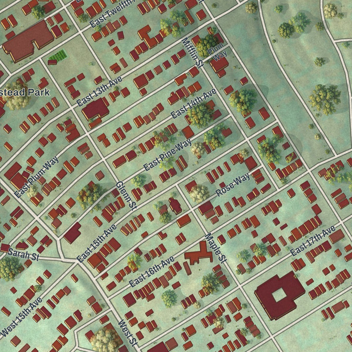 Close-up of the map of Homestead, Pennsylvania print showing street and building detail