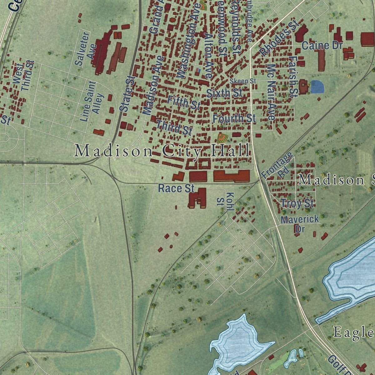 Close-up of the map of Madison, Illinois print showing street and building detail
